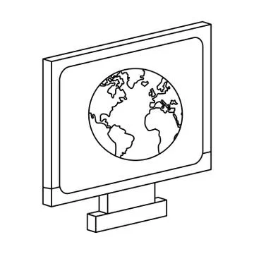 Computer with world on screen black and white Stock-Illustration