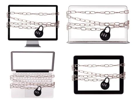 Computer wrapped in chains security concept Stockfoto's