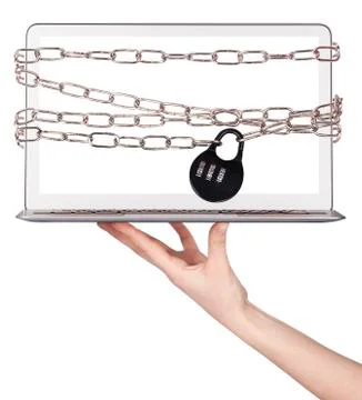 Computer wrapped in chains security concept 스톡 사진