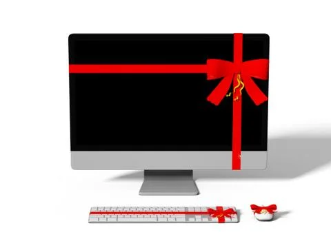 Computer wrapped with color ribbon Stock Illustration