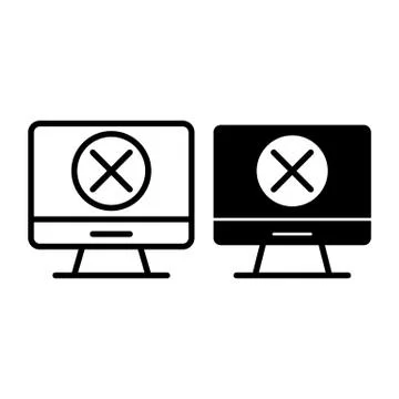 Computer with x mark line and glyph icon. Screen with cross vector illustration Stock Illustration