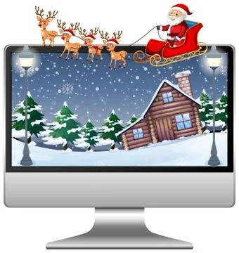 Computer with xmas theme desktop background Stock Illustration