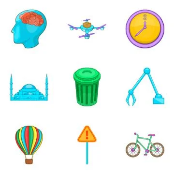 Computerization of city icons set, cartoon style Stock Illustration