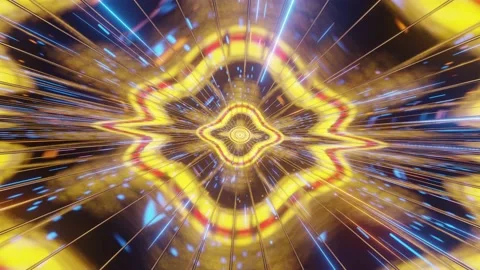 Computerized animation of golden space with colorful rays of energy Video stock 134443806