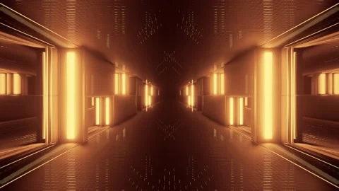 Computerized animation of moving through dark corridor with golden glowing Stock Footage 130246723