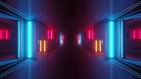 Computerized animation of moving through dark corridor with colorful Video stock 130246985