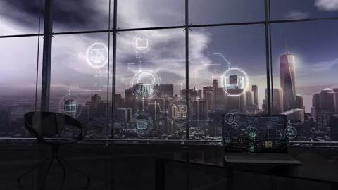 Computerized cloud network schematics on laptop in office Stock Footage 290476531