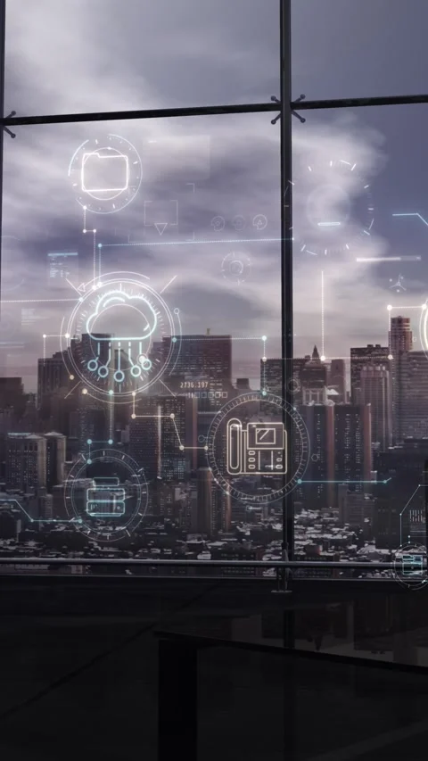 Computerized cloud network schematics on laptop in office Video stock 325324556