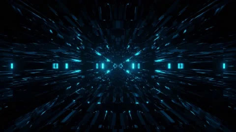Computerized digital animation of dark reflective space tunnel illuminated Stock Footage 133031996