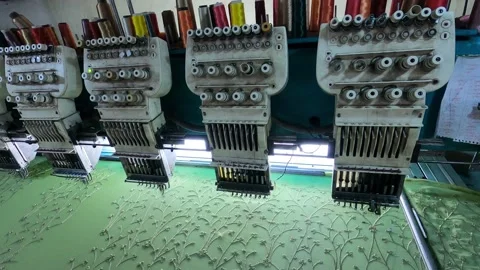 Computerized embroidery machine. Digital textile industry. Video stock 139300009
