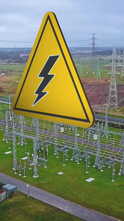 A Computerized High-voltage Warning Sign Displayed Above Power Lines at a Power Stock Footage 297175889
