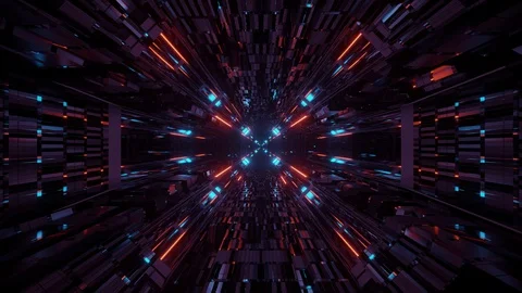Computerized highly immersive and reflective dark tunnel with bright and Video stock 127898647