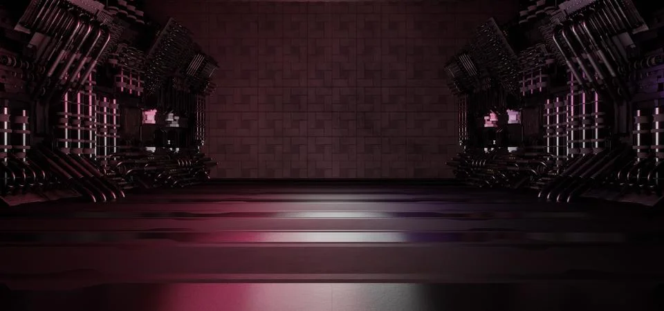 Computerized Inter Galactic Alien Hangar Tunnel Futuristic Hallway Cyberpunk  Stock Illustration