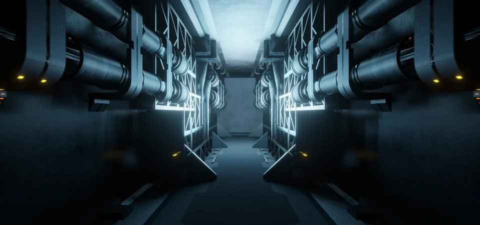 Computerized Inter Galactic Corridor Hangar Basement Underground Hallway Ultr Stock Illustration