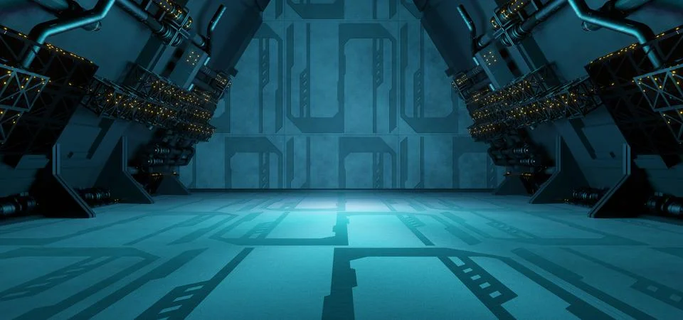 Computerized Inter Galactic Corridor Hangar Basement Underground Hallway Shin Stockillustratie