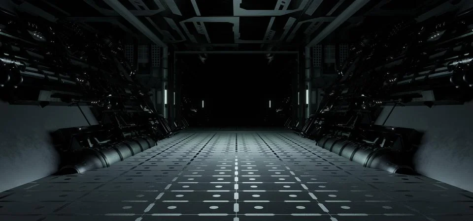 Computerized Inter Galactic Corridor Hangar Basement Underground Hallway Silv イラスト素材