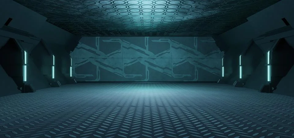 Computerized Inter Galactic SciFi Corridor Hallway Hangar Interior Cosmic Blu 스톡 일러스트