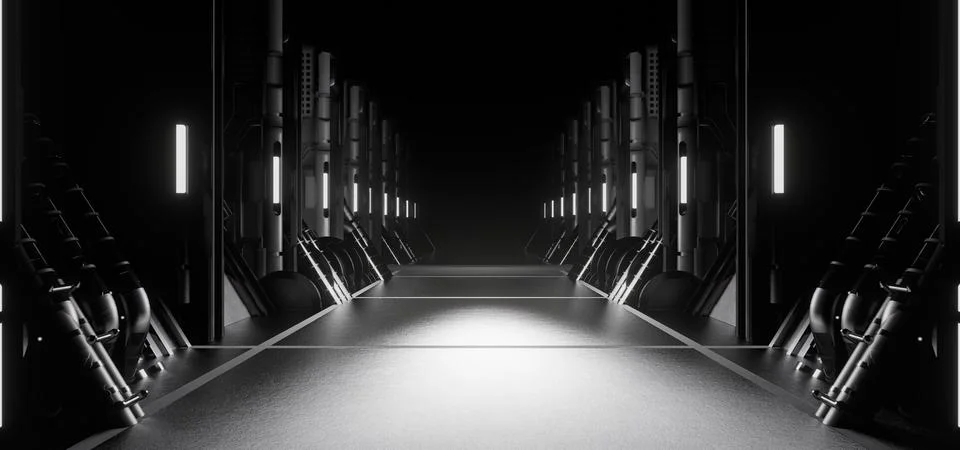 Computerized Inter Galactic Tunnel Corridor Warehouse Cutting Edge Light Grey 库存插图