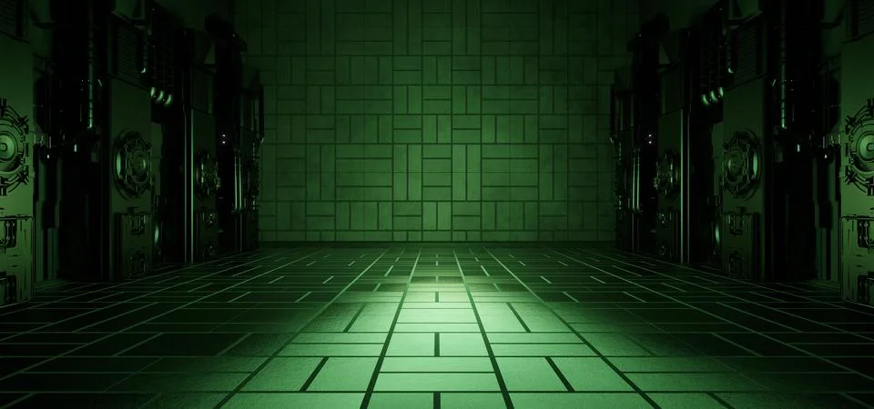 Computerized Inter Galactic Tunnel Corridor Warehouse Cosmic Dark Green Color Illustrazione stock