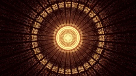 Computerized motion graphics of golden circles of enlightenment emitting Stock Footage 130107955