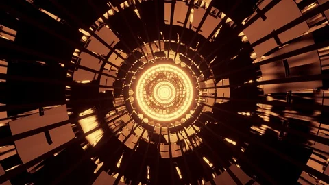 Computerized motion graphics of golden color circles glowing and emitting Video stock 129936459