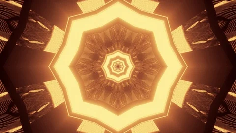 Computerized motion graphics of golden shapes emitting from the center. VJ Video stock 130103556