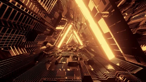 Computerized motion graphics of immersing into golden color triangular Video stock 129936252