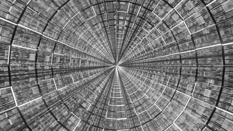 Computerized motion graphics of moving in deep, monochromatic circular Video stock 136219674
