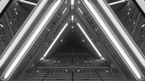 Computerized motion graphics of moving through highly reflective black and Video stock 136219929