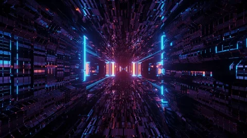 Computerized reflective dark sci fi tunnel with bright and vivid colourful Video stock 127901331