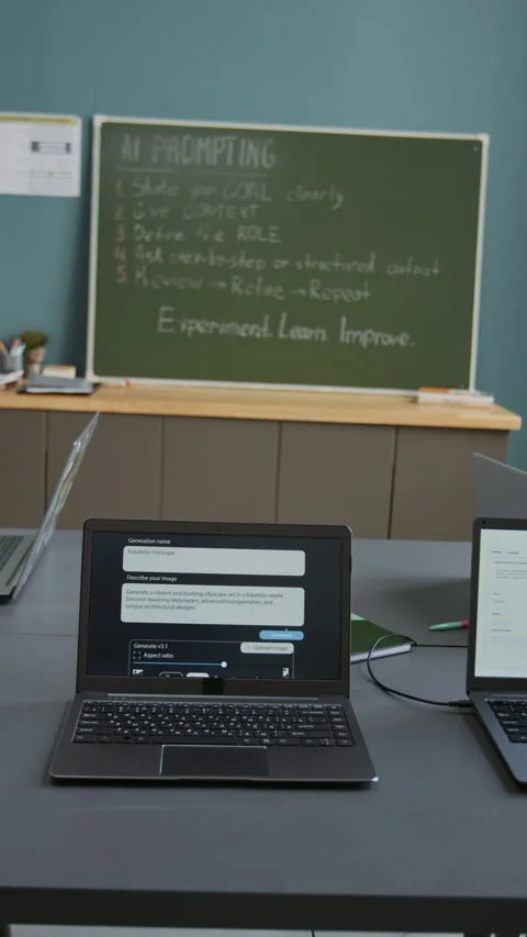 Computers with AI Generator Software and Prompts on Desk in Classroom Stock Footage 318719469