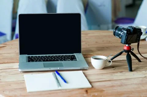 Computers and cameras are placed on the photographer's desk, working concept  Stock-Fotos