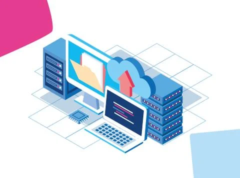 Computers and data center servers with cloud storage and folder Stockillustratie