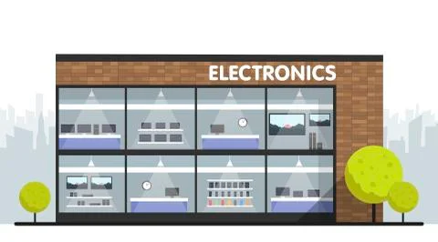 Computers and electronics store building and interior, laptops mobile phones  Stock Illustration