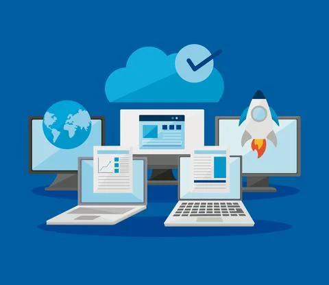 Computers and laptops with digital icons Stock Illustration