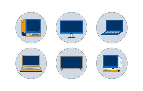 Computers and monitors in circular icons 2D cartoon objects set Illustrazione stock