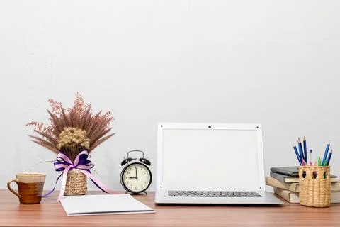 Computers and papers are at the desk Stock Photos
