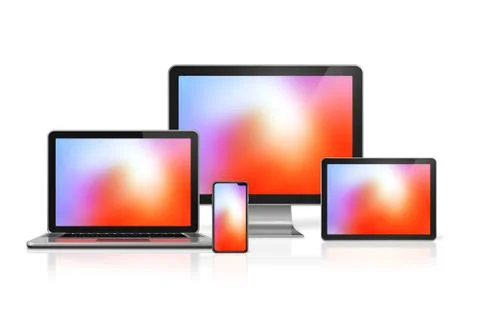 Computers and phone set mockup isolated on white. 3D render Stock Illustration