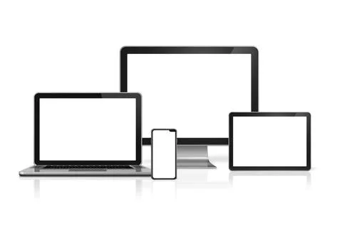  Computers and phone set mockup isolated on white. 3D render Computers and... Foto stock