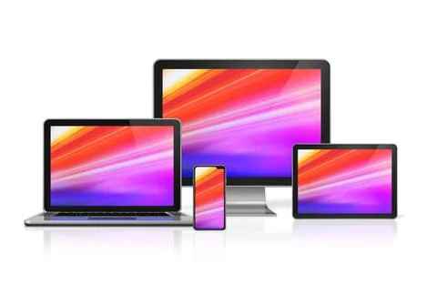  Computers and phone set mockup isolated on white. 3D render Computers and... Foto stock