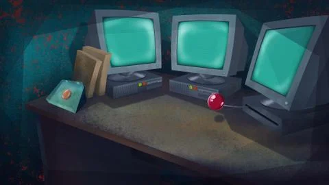 Computers and a Red Button on a Table. Illustrazione stock