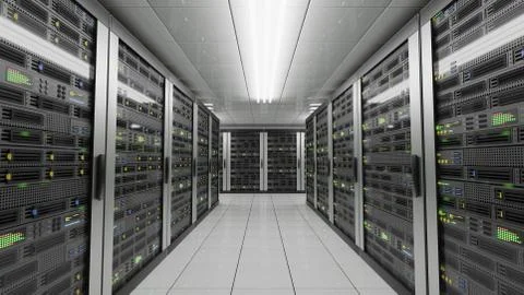 Computers and servers in datacenter. Data storage and cloud services concept. Stock Photos