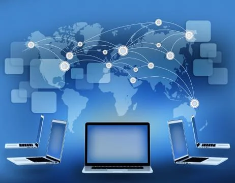 Computers and world map with points ranging cities Stock Illustration