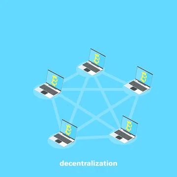 Computers with the bitcoin symbol are connected to a decentralized network, a Illustration