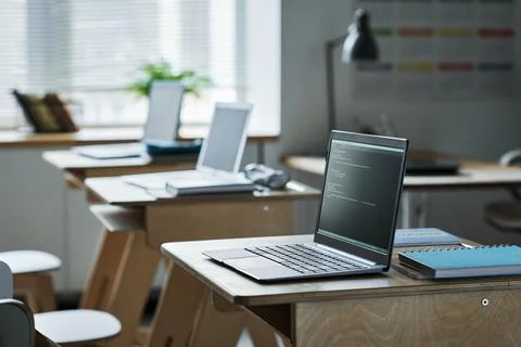 Computers in class for studying IT technology Stock Photos