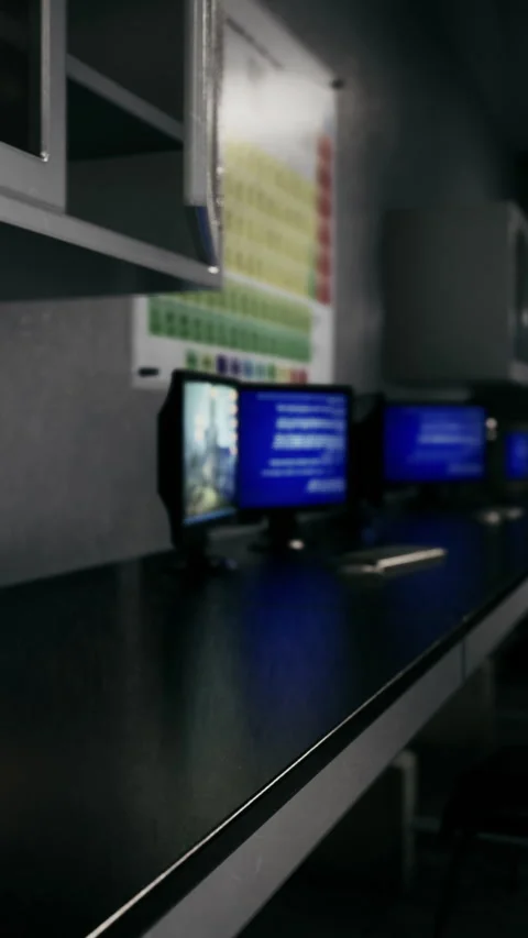 Computers in a classroom showing educational content on screens Stock Footage 337954248