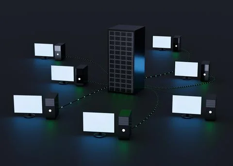 Computers connected with server on dark background, illustration. Multi-use.. Stock Illustration