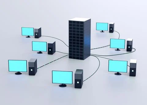 Computers connected with server on light background, illustration. Multi-us.. Stock Photos