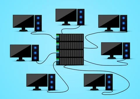 Computers connected with server on light blue background, illustration. Mul.. Stock Illustration