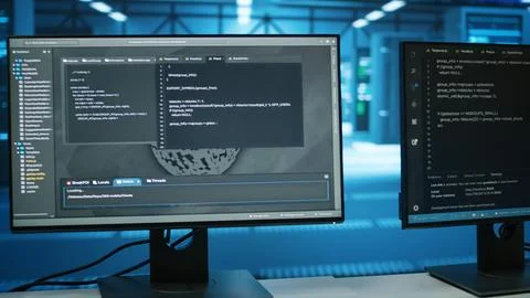 Computers in empty data center facility managing servers energy consumption 写真素材